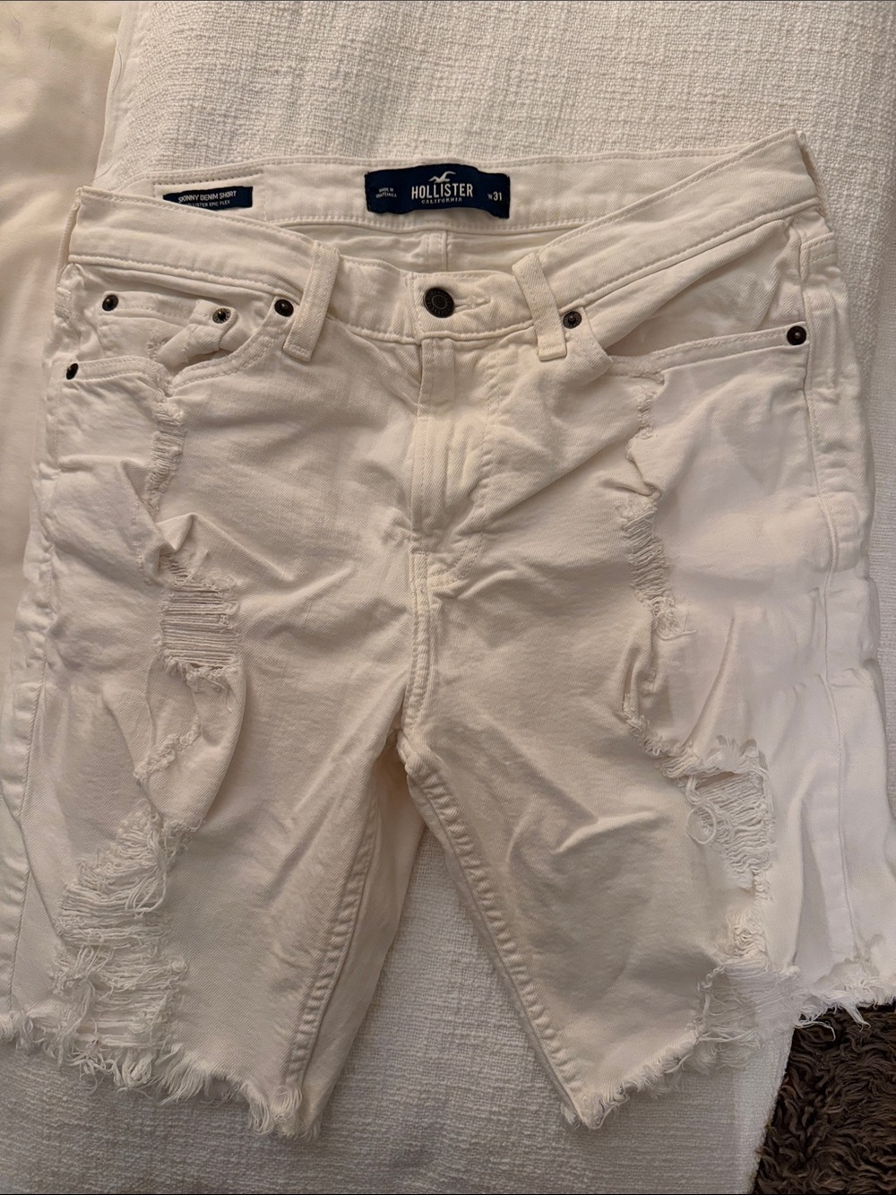 Hollister Men's White Distressed Denim Shorts